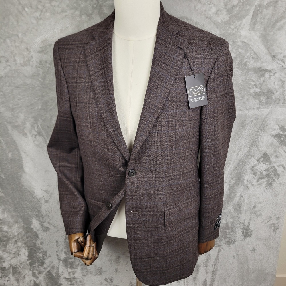 Jos A Bank Traveler Blazer Men's 38R Brown Blue Glen Plaid 100% Wool Jacket NWT